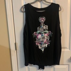 Black Graphic Tank Top with Heart and Dagger Design